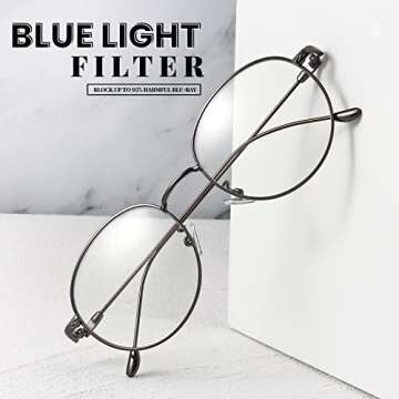 livho Blue Light Blocking Glasses, Retro Round Fake Eyeglasses Frames Anti UV Ray Filter Computer Gaming Glasses Women Men (Gun Frame,Transparent lens)