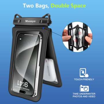 Niveaya Double Space Waterproof Phone Pouch - 2 Pack, Waterproof Phone Lanyard Case with iPhone 16/15/14/13/12 Pro Max up to 8.3", Phone Dry Bags for Vacation Beach Pool Kayak Cruise Travel Essentials