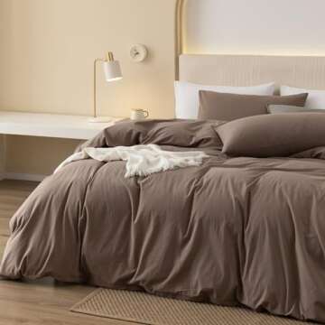 JIYUAN 100% Washed Cotton Duvet Cover Set Comfy Simple Style Soft Breathable Textured Durable Linen Feel Bedding for All Seasons King, Solid Brown