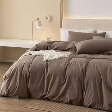 JIYUAN 100% Washed Cotton Duvet Cover Set Comfy Simple Style Soft Breathable Textured Durable Linen Feel Bedding for All Seasons King, Solid Brown