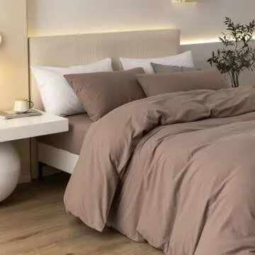 JIYUAN 100% Washed Cotton Duvet Cover Set Comfy Simple Style Soft Breathable Textured Durable Linen Feel Bedding for All Seasons King, Solid Brown