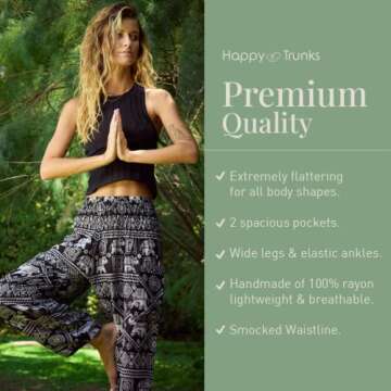 Happy Trunks Harem Pants for Women with Pockets (S-XXL) - Boho Hippie Yoga Pants, Beach Lounge Pants, Comfy Bohemian Clothes for Women (Medium, Black Elephant)