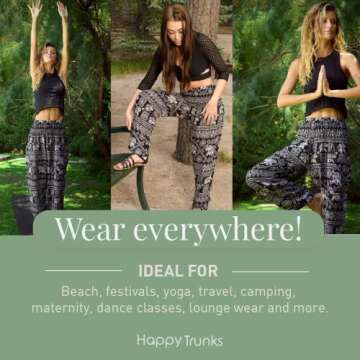 Happy Trunks Harem Pants for Women with Pockets (S-XXL) - Boho Hippie Yoga Pants, Beach Lounge Pants, Comfy Bohemian Clothes for Women (Medium, Black Elephant)