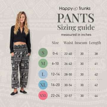 Happy Trunks Harem Pants for Women with Pockets (S-XXL) - Boho Hippie Yoga Pants, Beach Lounge Pants, Comfy Bohemian Clothes for Women (Medium, Black Elephant)