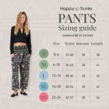 Happy Trunks Harem Pants for Women with Pockets (S-XXL) - Boho Hippie Yoga Pants, Beach Lounge Pants, Comfy Bohemian Clothes for Women (Medium, Black Elephant)