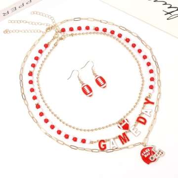 CEALXHENY Football Necklace for Women Red White Team Spirit Accessories Game Day Choker Necklaces La...