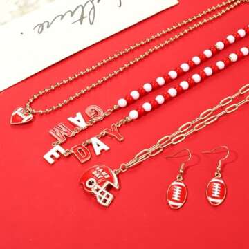 CEALXHENY Football Necklace for Women Red White Team Spirit Accessories Game Day Choker Necklaces Layered Sport Team Necklace Football Mom Jewelry Accessories Game Day Outfits Gifts (Style G)