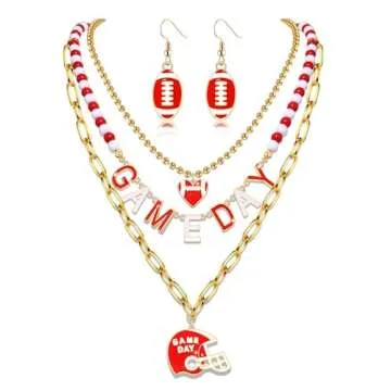 CEALXHENY Football Necklace for Women Red White Team Spirit Accessories Game Day Choker Necklaces Layered Sport Team Necklace Football Mom Jewelry Accessories Game Day Outfits Gifts (Style G)