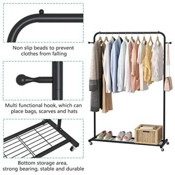 Sywhitta Clothing Rack on Wheels with Mesh Storage Shelf & Sturdy Metal Frame, Rolling Garment Rack for Hanging Clothes, Coats, Skirts, 39.76" L x 16" W x 64.56" H,Black