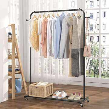 Sywhitta Clothing Rack on Wheels with Mesh Storage Shelf & Sturdy Metal Frame, Rolling Garment Rack for Hanging Clothes, Coats, Skirts, 39.76" L x 16" W x 64.56" H,Black
