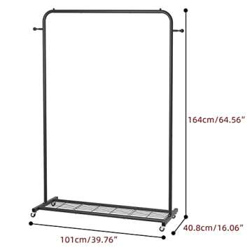 Sywhitta Clothing Rack on Wheels with Mesh Storage Shelf & Sturdy Metal Frame, Rolling Garment Rack for Hanging Clothes, Coats, Skirts, 39.76" L x 16" W x 64.56" H,Black