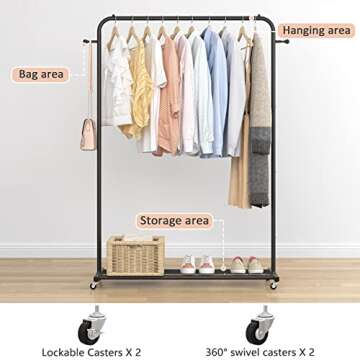 Sywhitta Clothing Rack on Wheels with Mesh Storage Shelf & Sturdy Metal Frame, Rolling Garment Rack for Hanging Clothes, Coats, Skirts, 39.76" L x 16" W x 64.56" H,Black