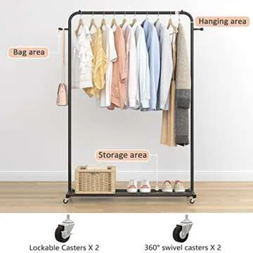 Sywhitta Clothing Rack on Wheels with Mesh Storage Shelf & Sturdy Metal Frame, Rolling Garment Rack for Hanging Clothes, Coats, Skirts, 39.76" L x 16" W x 64.56" H,Black