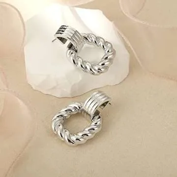 RUOFFETA Rectangle Earrings for Women, Acrylic Square Earrings Twisted Geometric Statement Earrings(Silver)