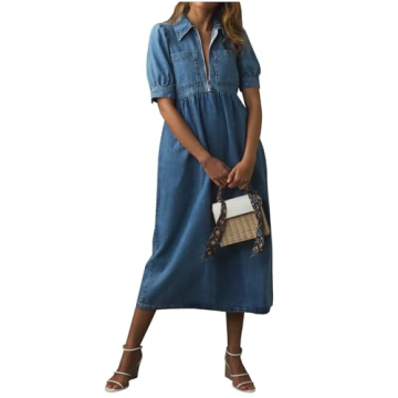 YEXPINE Women's Denim Dress Summer Collared V Neck Half Sleeve Jean Shirt Dress Casual Loose Shift L...