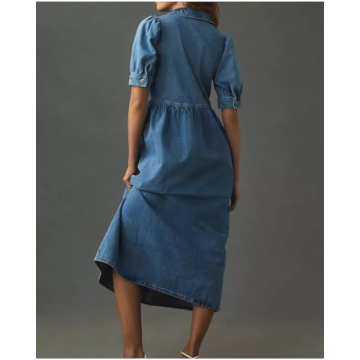 YEXPINE Women's Denim Dress Summer Collared V Neck Half Sleeve Jean Shirt Dress Casual Loose Shift Long Jean Dress Light Blue
