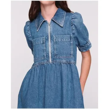 YEXPINE Women's Denim Dress Summer Collared V Neck Half Sleeve Jean Shirt Dress Casual Loose Shift Long Jean Dress Light Blue
