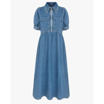 YEXPINE Women's Denim Dress Summer Collared V Neck Half Sleeve Jean Shirt Dress Casual Loose Shift Long Jean Dress Light Blue