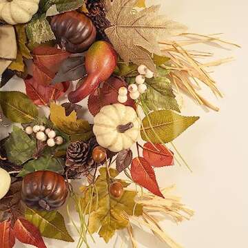 Valery Madelyn Fall Wreath for Front Door, 20" Maple Leaves Farmhouse Thanksgiving Decorations for Home, Autumn Harvest Pumpkin Wreath for Outdoor Indoor Table Centerpiece Fall Halloween Decor