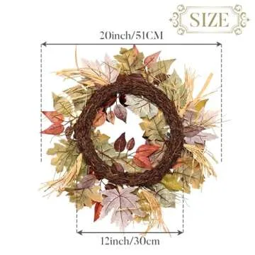 Valery Madelyn Fall Wreath for Front Door, 20" Maple Leaves Farmhouse Thanksgiving Decorations for Home, Autumn Harvest Pumpkin Wreath for Outdoor Indoor Table Centerpiece Fall Halloween Decor