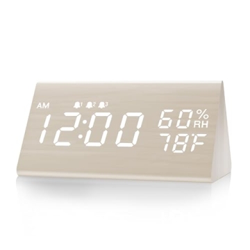Wooden Digital Alarm Clock with LED Display & 3 Alarms
