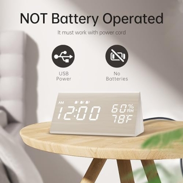 Wooden Digital Alarm Clock with LED Display & 3 Alarms