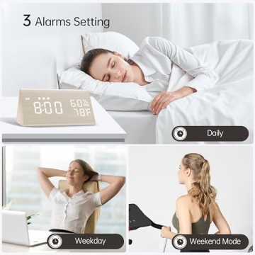 Wooden Digital Alarm Clock with LED Display & 3 Alarms