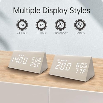 Wooden Digital Alarm Clock with LED Display & 3 Alarms
