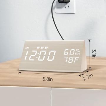 Wooden Digital Alarm Clock with LED Display & 3 Alarms