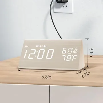 Wooden Digital Alarm Clock with LED Display & 3 Alarms