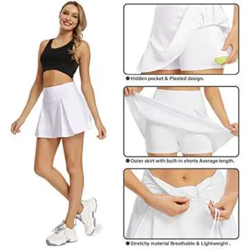 Toumett Women's Athletic Shorts Lightweight Pleated Active Skirts with Shorts Pockets Tennis Golf Sports Mini Skirt(012,White,S)