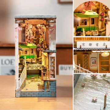 Rolife DIY Book Nook Kit Sakura Densya, DIY Miniature Booknook Kit Creative Decorative Bookend Books...