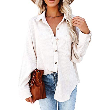 MIHOLL Womens Corduroy Button Down Shirts Casual Long Sleeve Jacket Oversized Boyfriend Blouses Tops with Pockets