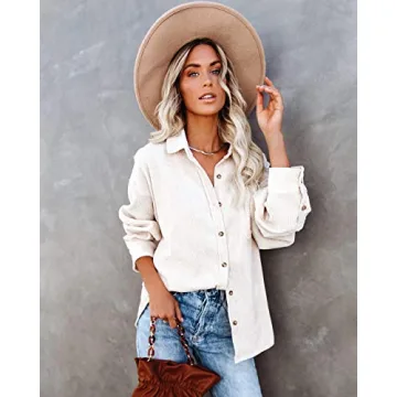 MIHOLL Womens Corduroy Button Down Shirts Casual Long Sleeve Jacket Oversized Boyfriend Blouses Tops with Pockets