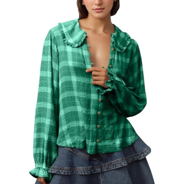synound Women Plaid Button Down Blouse Shirt Long Ruffle Sleeve Collared Color Block Loose Fitted Cu...