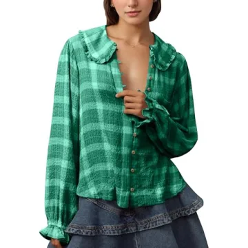 synound Women Plaid Button Down Blouse Shirt Long Ruffle Sleeve Collared Color Block Loose Fitted Cu...