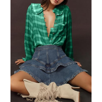 synound Women Plaid Button Down Blouse Shirt Long Ruffle Sleeve Collared Color Block Loose Fitted Cute Babydoll Top Casual Green