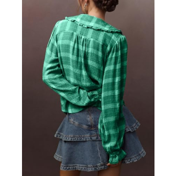 synound Women Plaid Button Down Blouse Shirt Long Ruffle Sleeve Collared Color Block Loose Fitted Cute Babydoll Top Casual Green