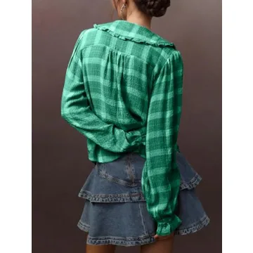 synound Women Plaid Button Down Blouse Shirt Long Ruffle Sleeve Collared Color Block Loose Fitted Cute Babydoll Top Casual Green