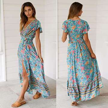 ECOWISH Women's Dresses Bohemian Wrap V Neck Short Sleeve Ethnic Style High Split Beach Maxi Dress Green Medium
