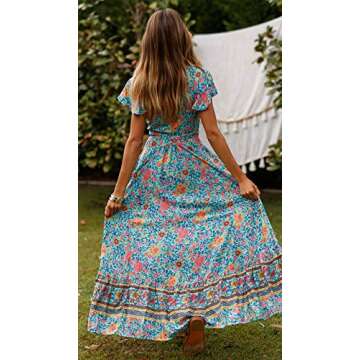 ECOWISH Women's Dresses Bohemian Wrap V Neck Short Sleeve Ethnic Style High Split Beach Maxi Dress Green Medium