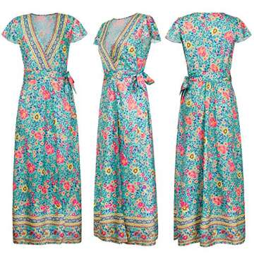 ECOWISH Women's Dresses Bohemian Wrap V Neck Short Sleeve Ethnic Style High Split Beach Maxi Dress Green Medium