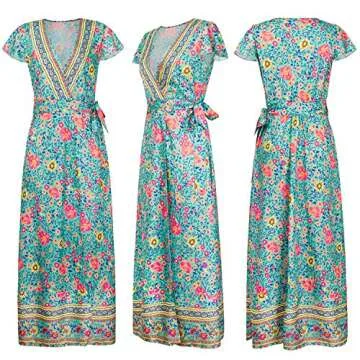 ECOWISH Women's Dresses Bohemian Wrap V Neck Short Sleeve Ethnic Style High Split Beach Maxi Dress Green Medium