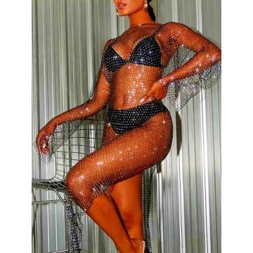 Fstrend Women Rhinestone Mesh Dress Black Sparkly Crystal Cover Up Long sleeves Skirts Concert Rave Fishnet Outfits