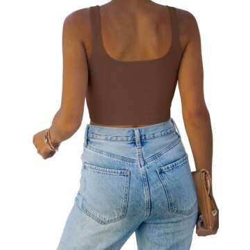 REORIA Women's Summer Sexy Basic Sleeveless Square Neck Fitted Seamless Yoga Cropped Tank Cute Crop Tops Coffee Medium