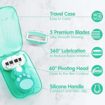 DreamGenius Travel Razors for Women Include 1 Handle and 2 Cartridges, Extra Smooth 5-Blade Travel Essentials Razor with Case for Shaving, Green