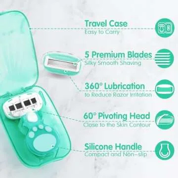 DreamGenius Travel Razors for Women Include 1 Handle and 2 Cartridges, Extra Smooth 5-Blade Travel Essentials Razor with Case for Shaving, Green