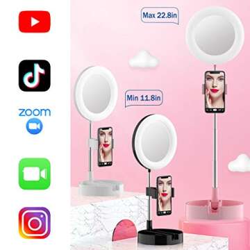 Portable Multi-Functional 6.3" Dimmable LED Selfie Continuous Video Halo Ring Light Zoom Live Stream Phone Holder Stand with Makeup Vanity Mirror Foldable Online Meeting Table Lamp (Black)