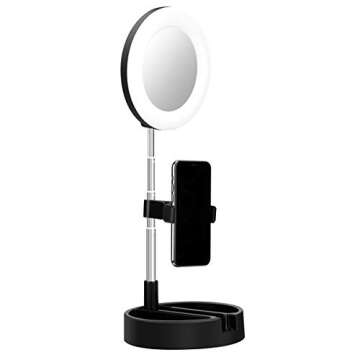 Portable Multi-Functional 6.3" Dimmable LED Selfie Continuous Video Halo Ring Light Zoom Live Stream Phone Holder Stand with Makeup Vanity Mirror Foldable Online Meeting Table Lamp (Black)