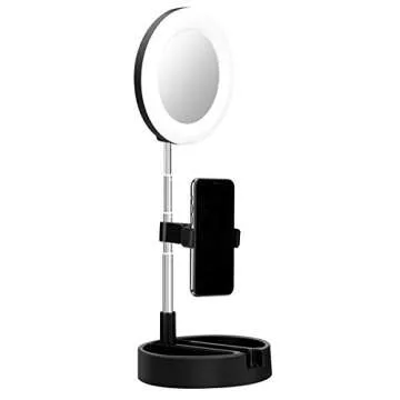 Portable Multi-Functional 6.3" Dimmable LED Selfie Continuous Video Halo Ring Light Zoom Live Stream Phone Holder Stand with Makeup Vanity Mirror Foldable Online Meeting Table Lamp (Black)
